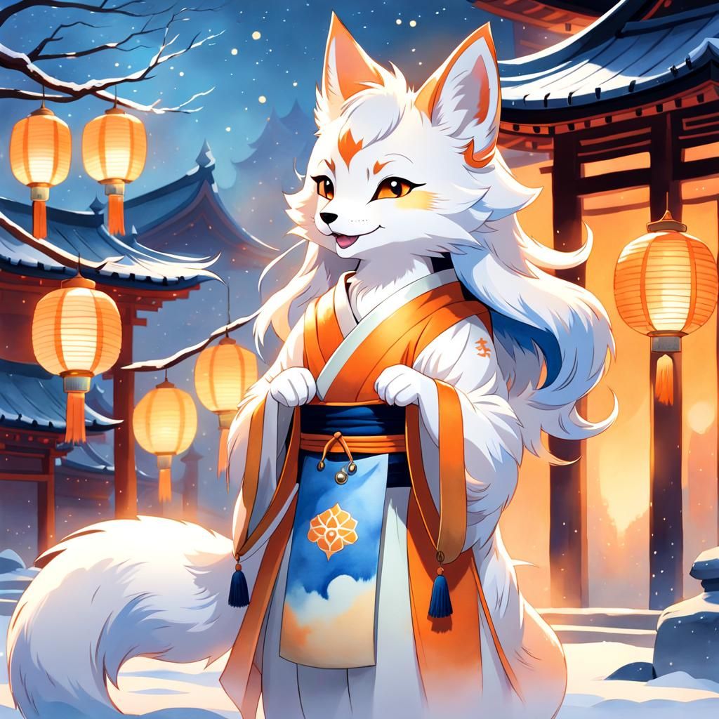 Smiling Kitsune in Japanese Watercolor Style