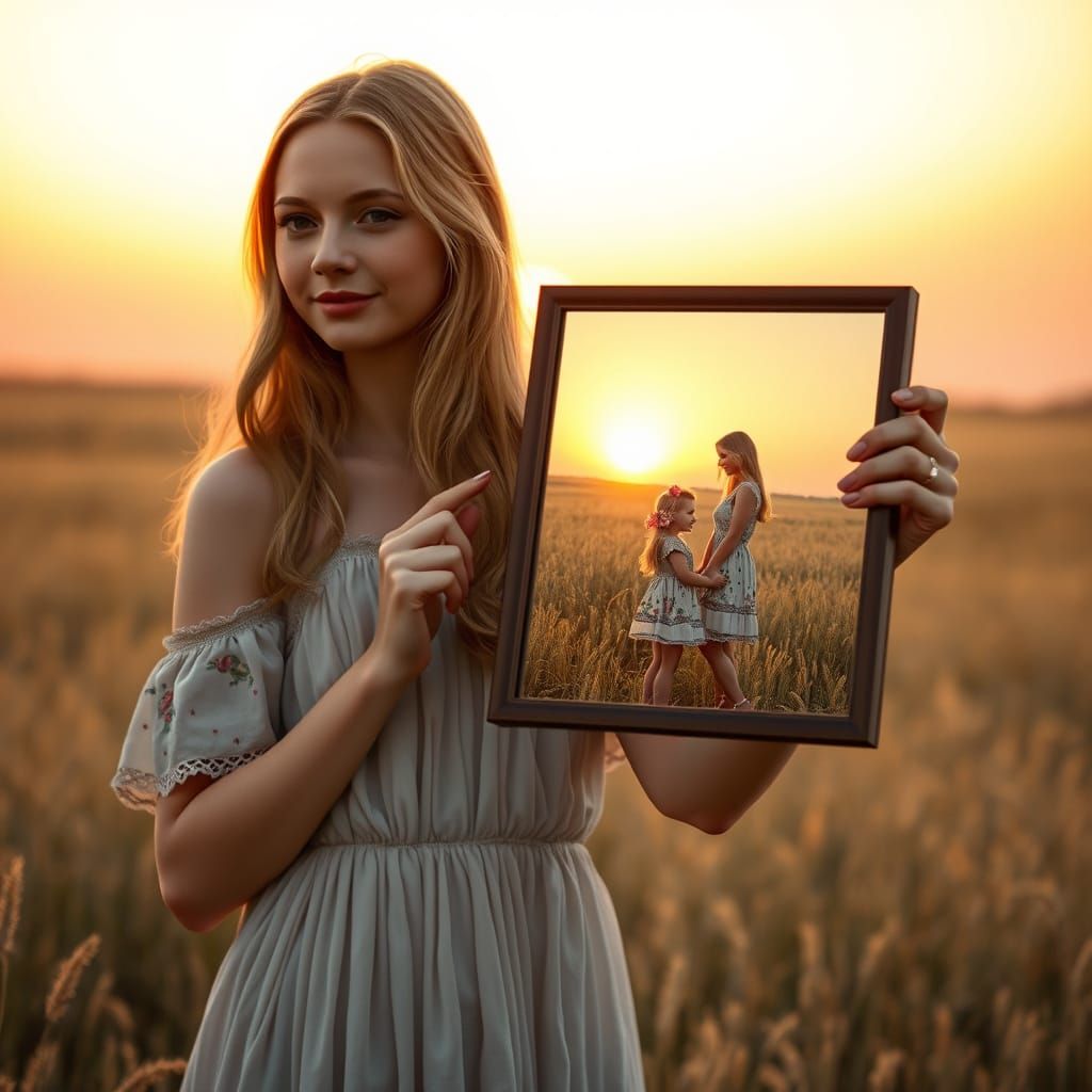 Photorealistic Woman with Mirror at Sunset