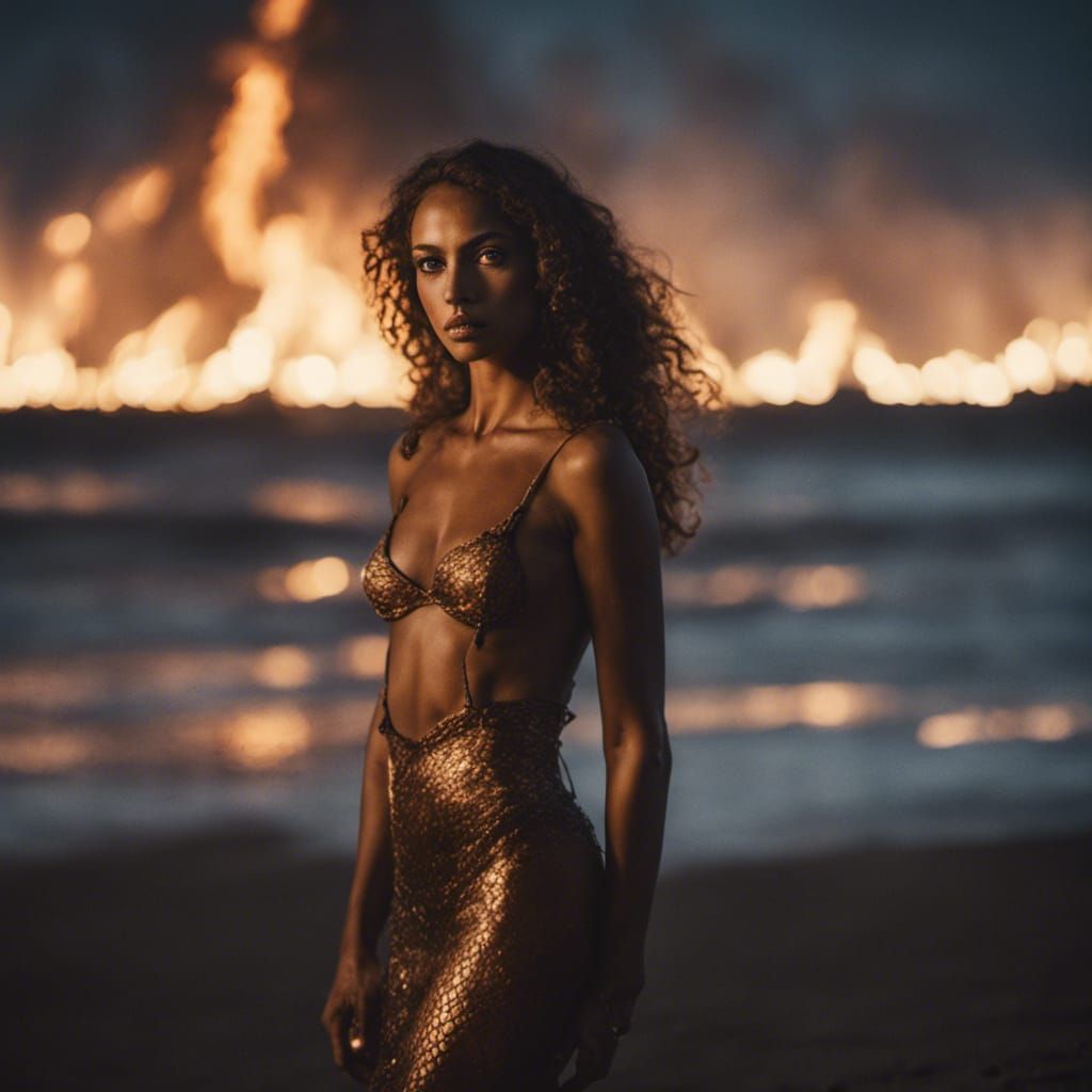 Burning Shore Mermaid Portrait in Cinematic Style