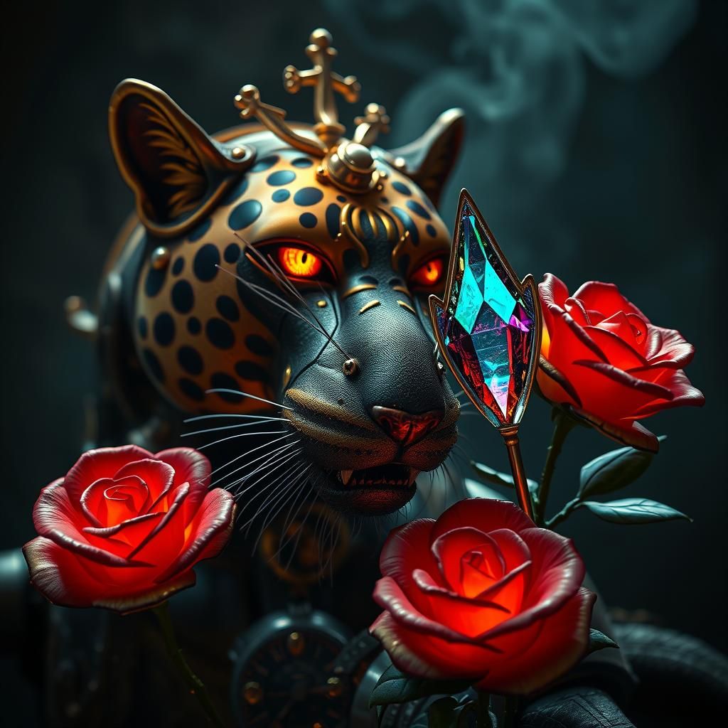Steampunk Panther and Rainbow Roses in Hyperrealistic Style