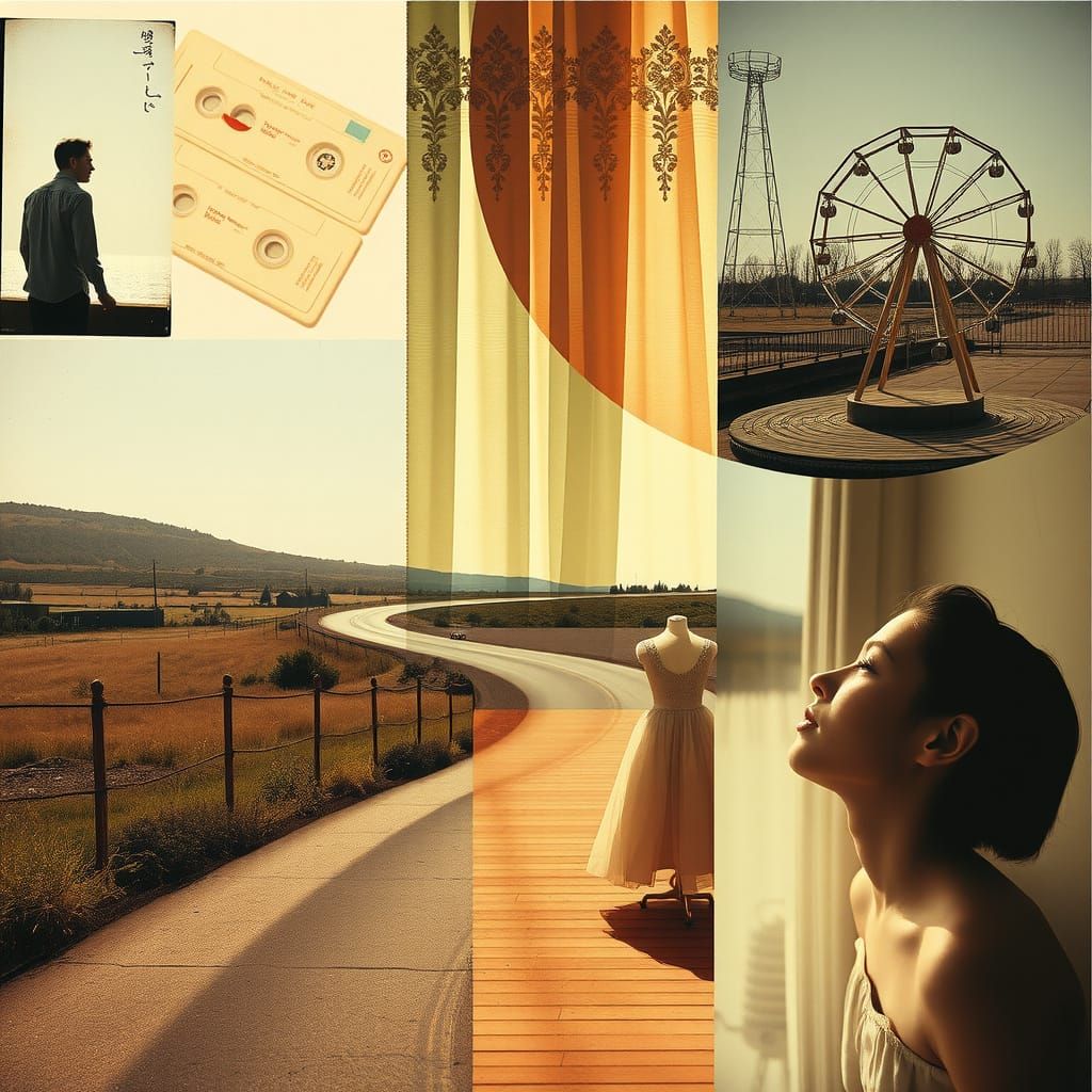 This **collage** is a visual meditation on *anemoia*—the wistful nostalgia for a time never personally lived. Composed o...