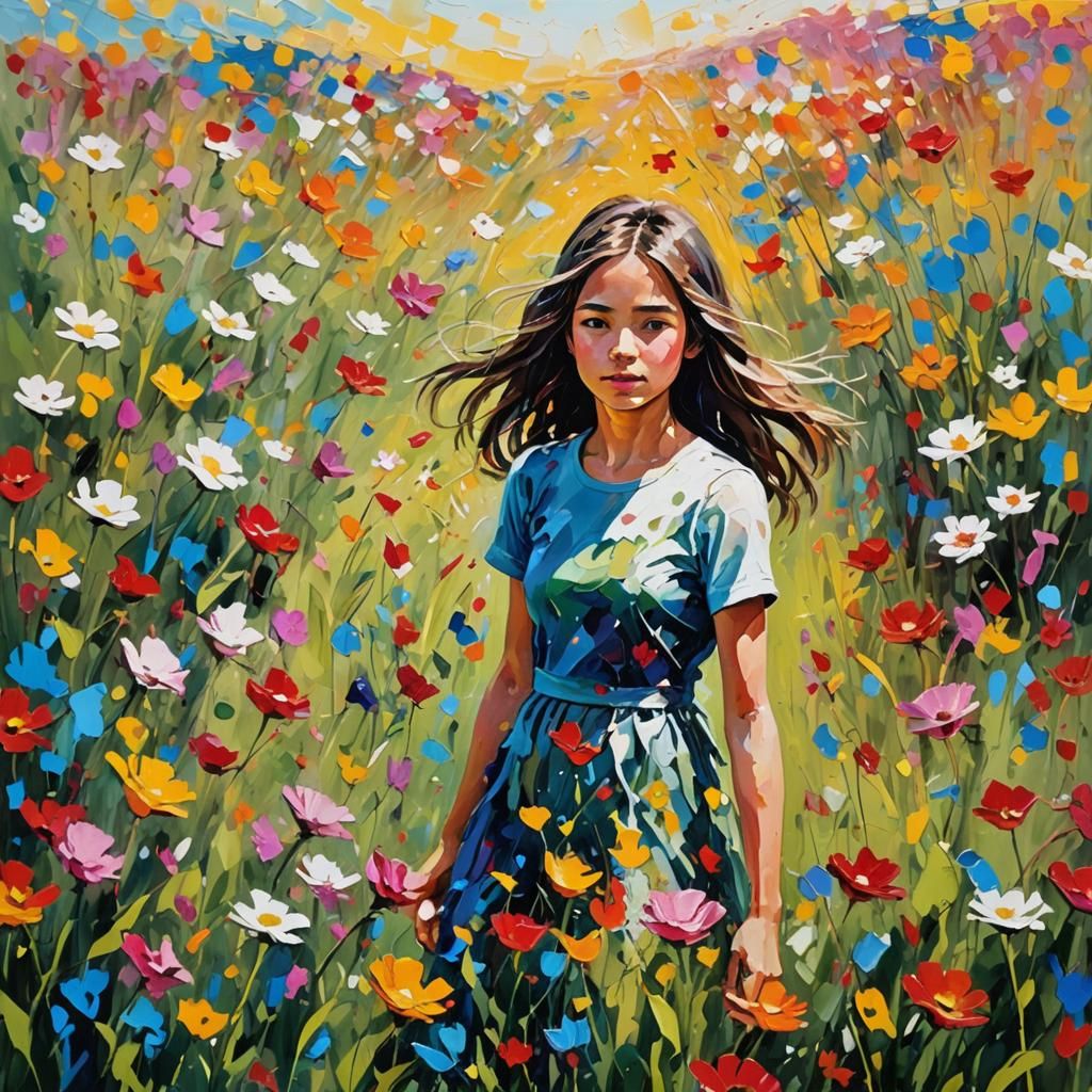 Abstract Expressionism: Girl in Vibrant Flower Field