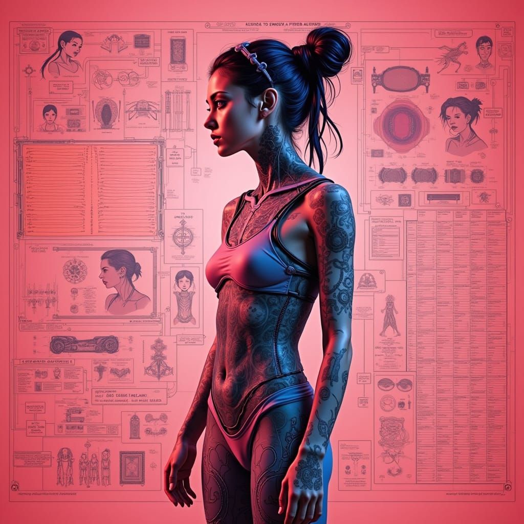 Cyborg Goddess in Neon Katakana Dress, H.R. Giger Style