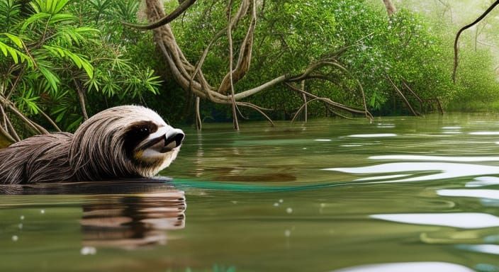 Sloth Swims Through Mangrove Swamp: High-Resolution Photogra...