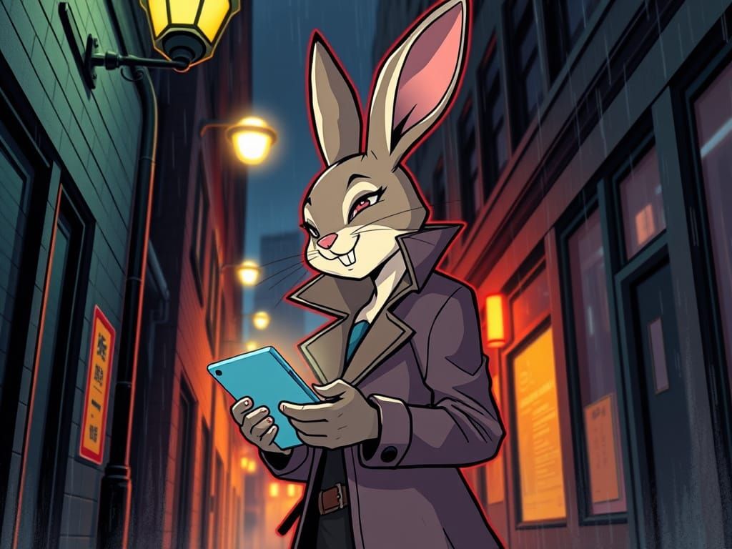 Neo-Noir Bunny Detective in Rainy City Alley