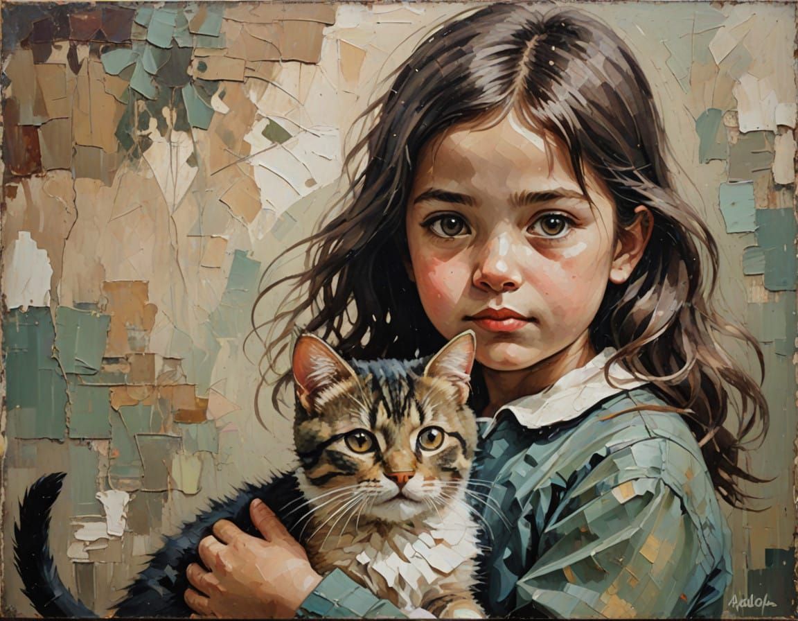 Little Girl and Feline Friend in Vintage Oil Painting