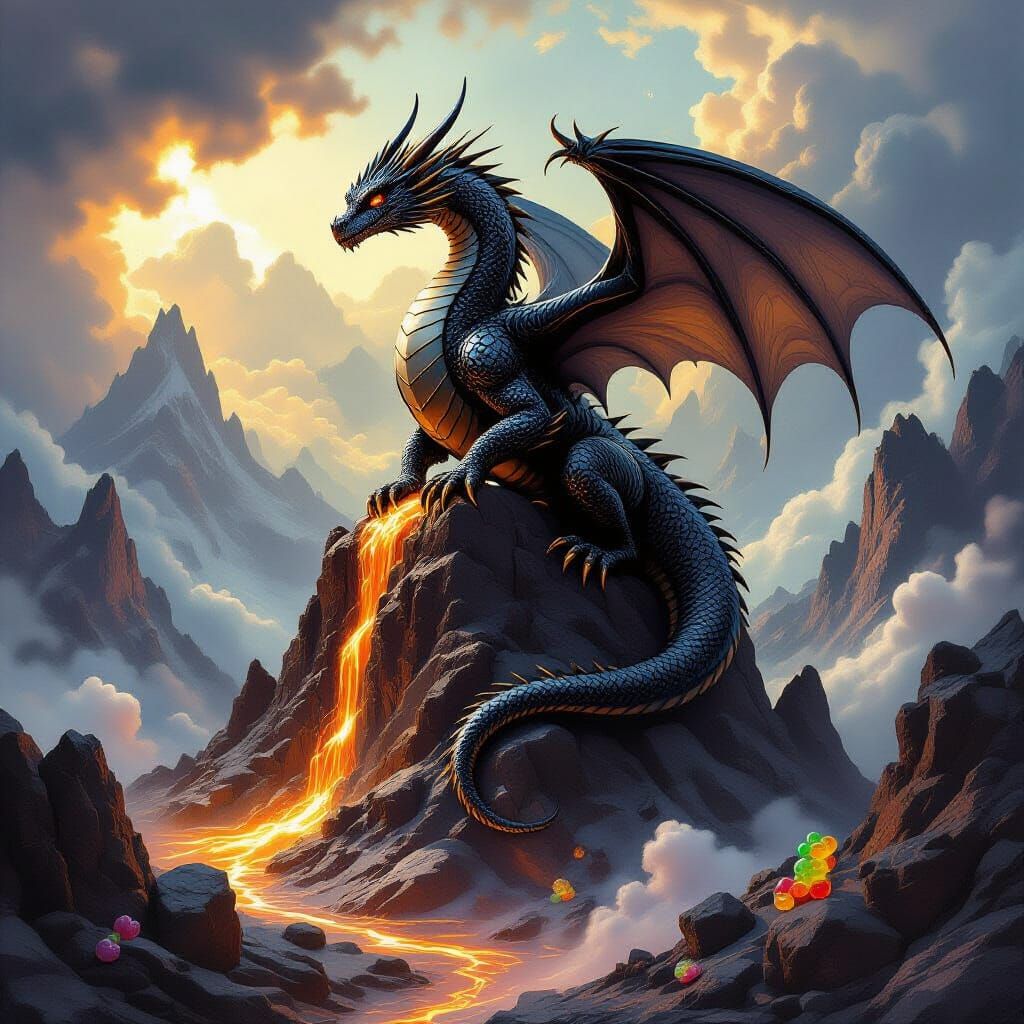 Obsidian Dragon on Chocolate Mountains in Dark Fantasy Style