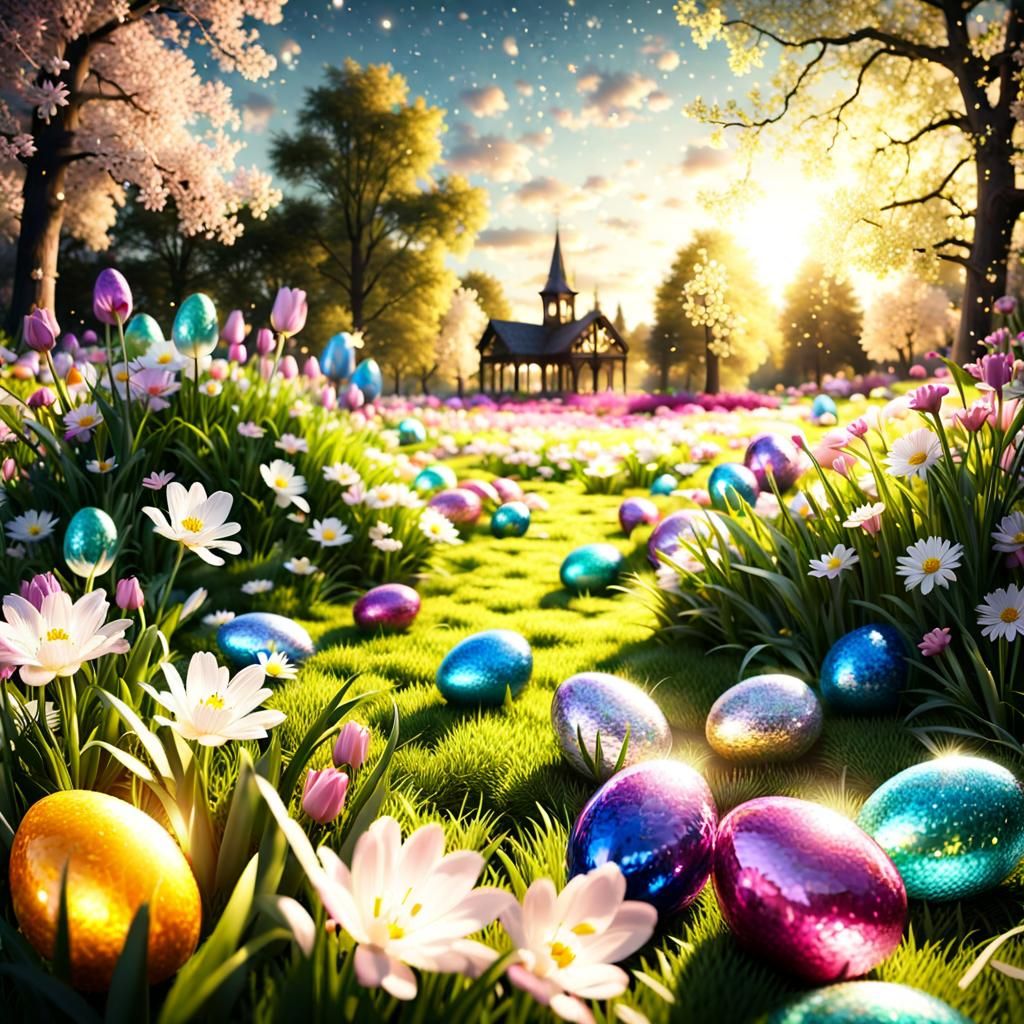 Easter egg hunt, epic giant crystallast render glass light flower meadow, spring game, sharp focus, 16k resolution photo...