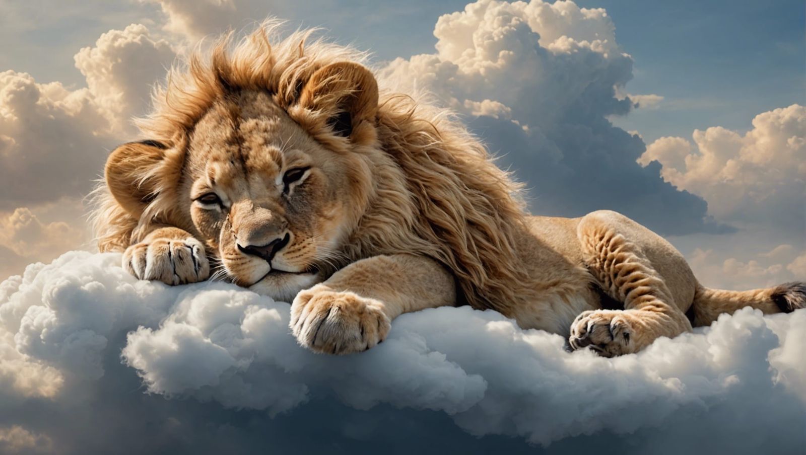 Dreamy Cloudscape: Baby Lion Asleep