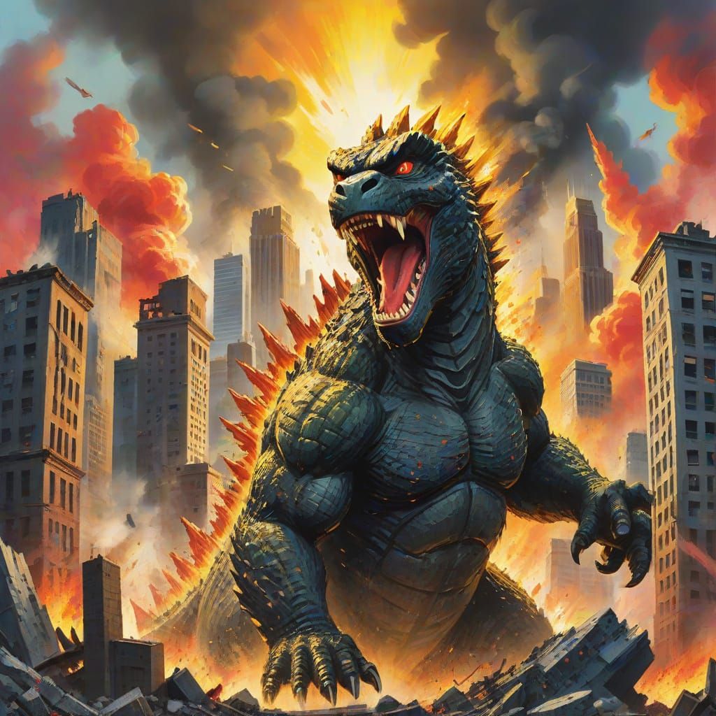 Godzilla Destroys City in Gouache Painting Style