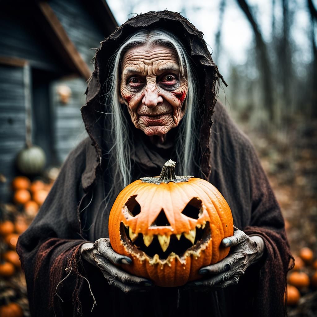 Baba Yaga with Decaying Jack-o'-Lantern Portrait