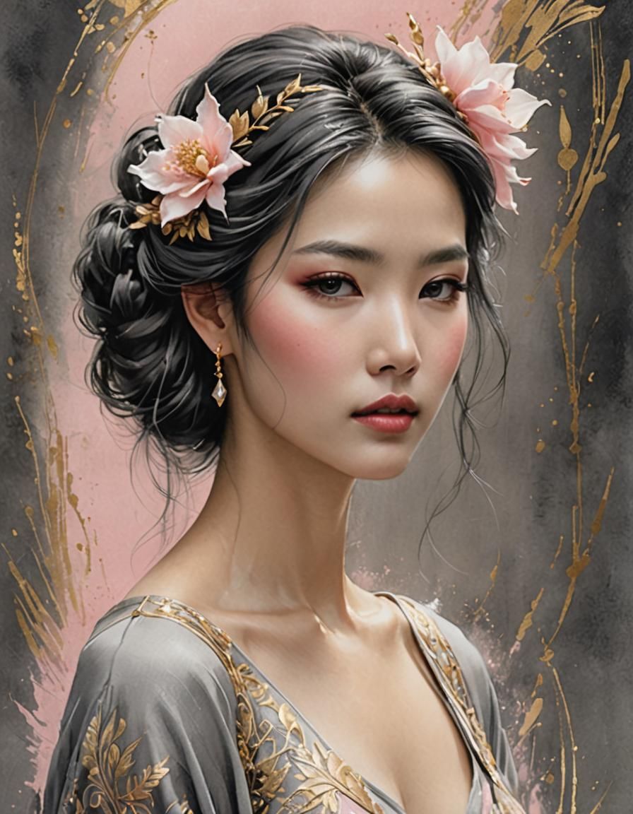 Elegant Woman Portrait with Ink Wash and Calligraphy