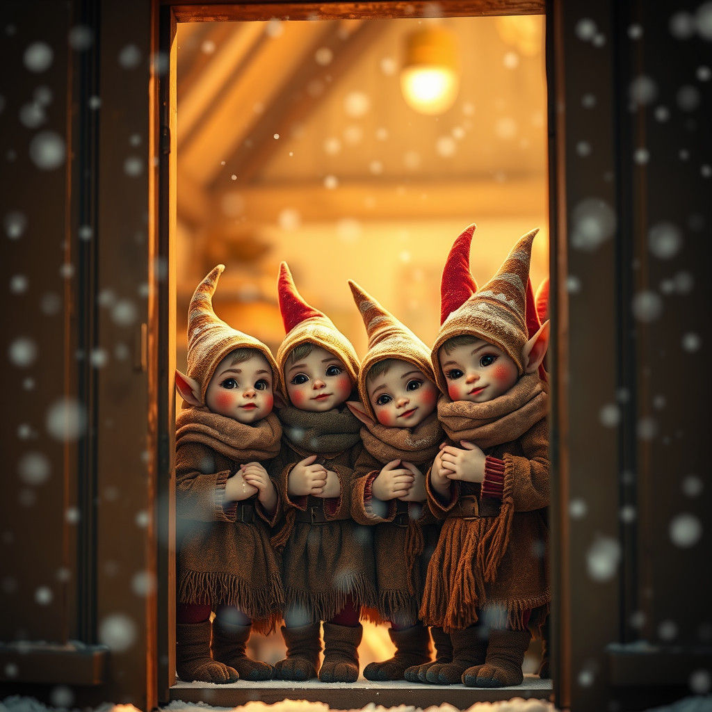 Elves in Snowstorm at Open Doorway