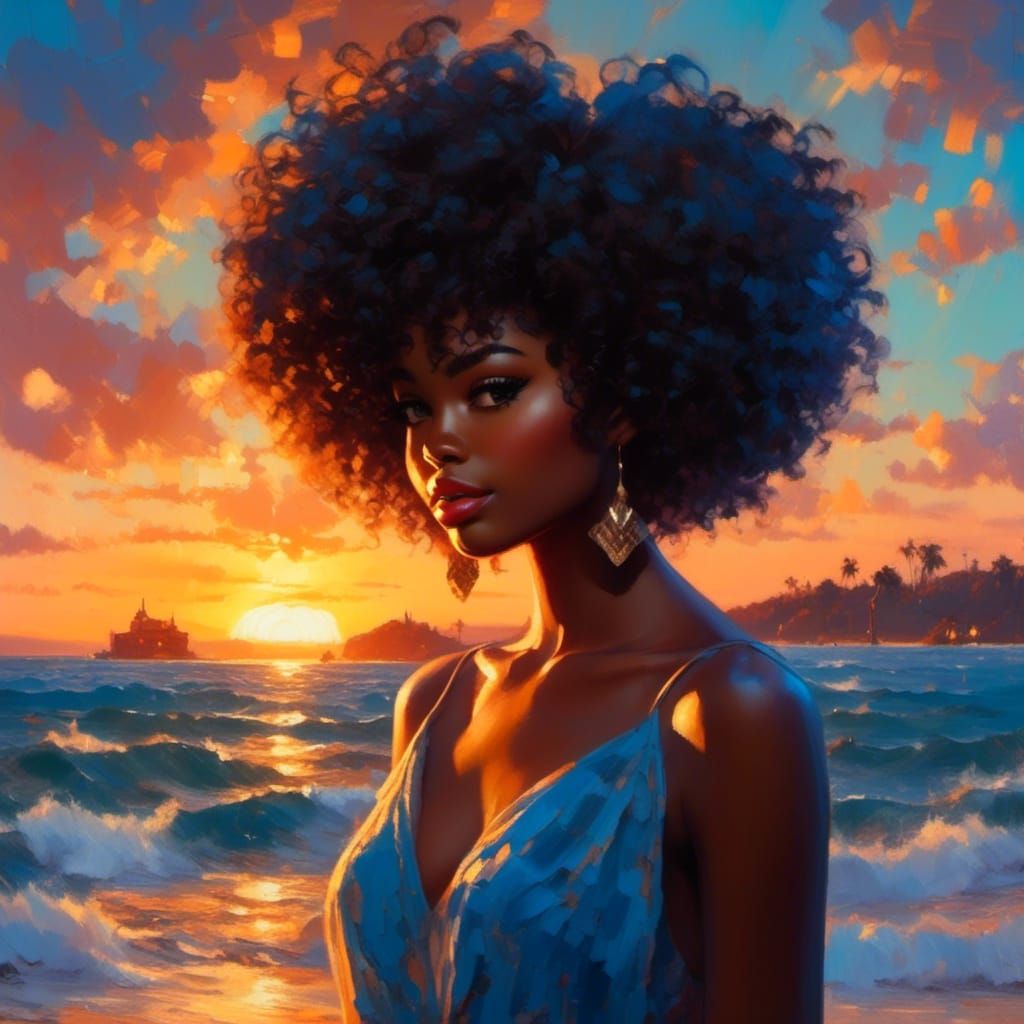 Black Girl With Afro at Sunset, Impressionist Style