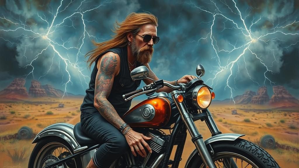 Tattooed Rocker on Steampunk Motorcycle in Oil Painting