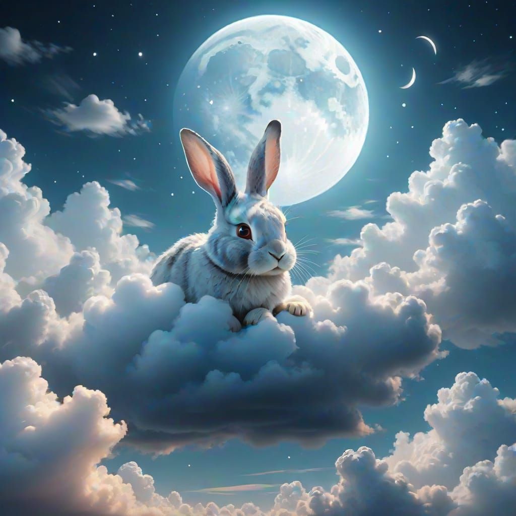 Whimsical Rabbit Face Forms in Clouds Under Moonlight