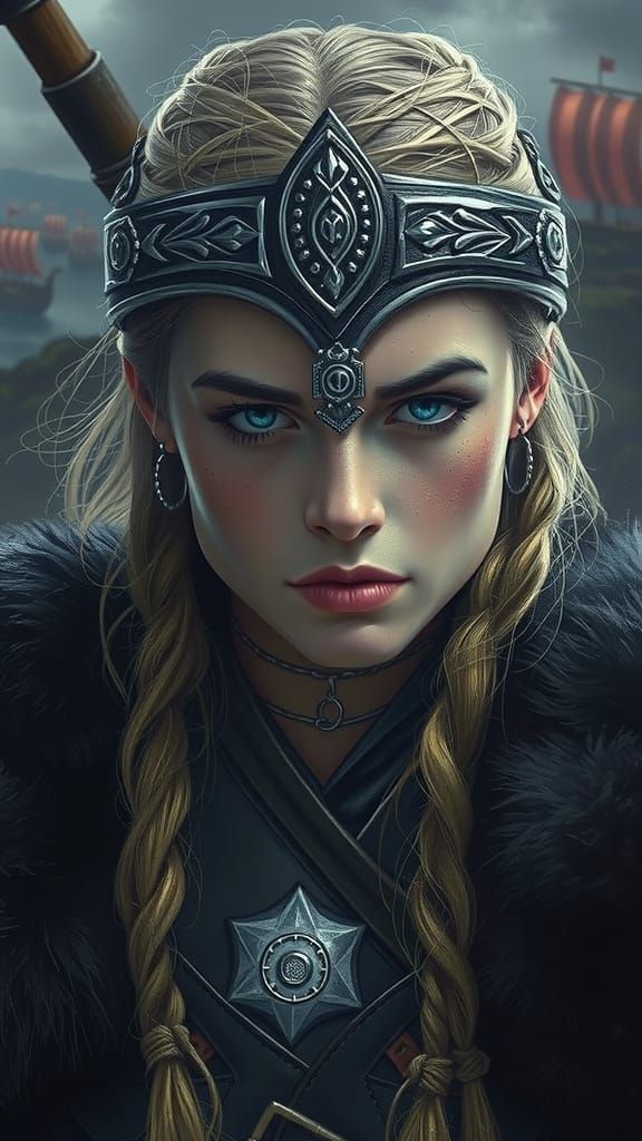 Viking Warrior Woman in Leather Armor Stands Tall with Battl...