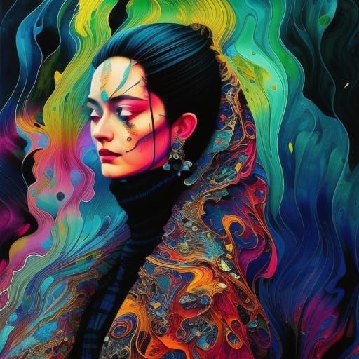 Intricate Portrait in Gouache with Marbling Effect