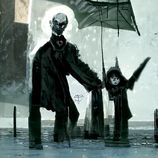 Eerie Children at Waterfront: Sinister Stencil Art