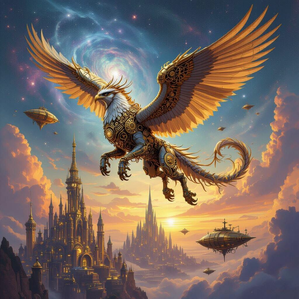 Steampunk Griffin Soars Through Cosmic Nebula Sky
