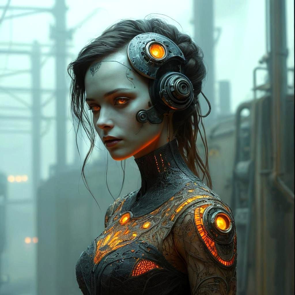 Android Woman in Glowing Dress, Biopunk Style