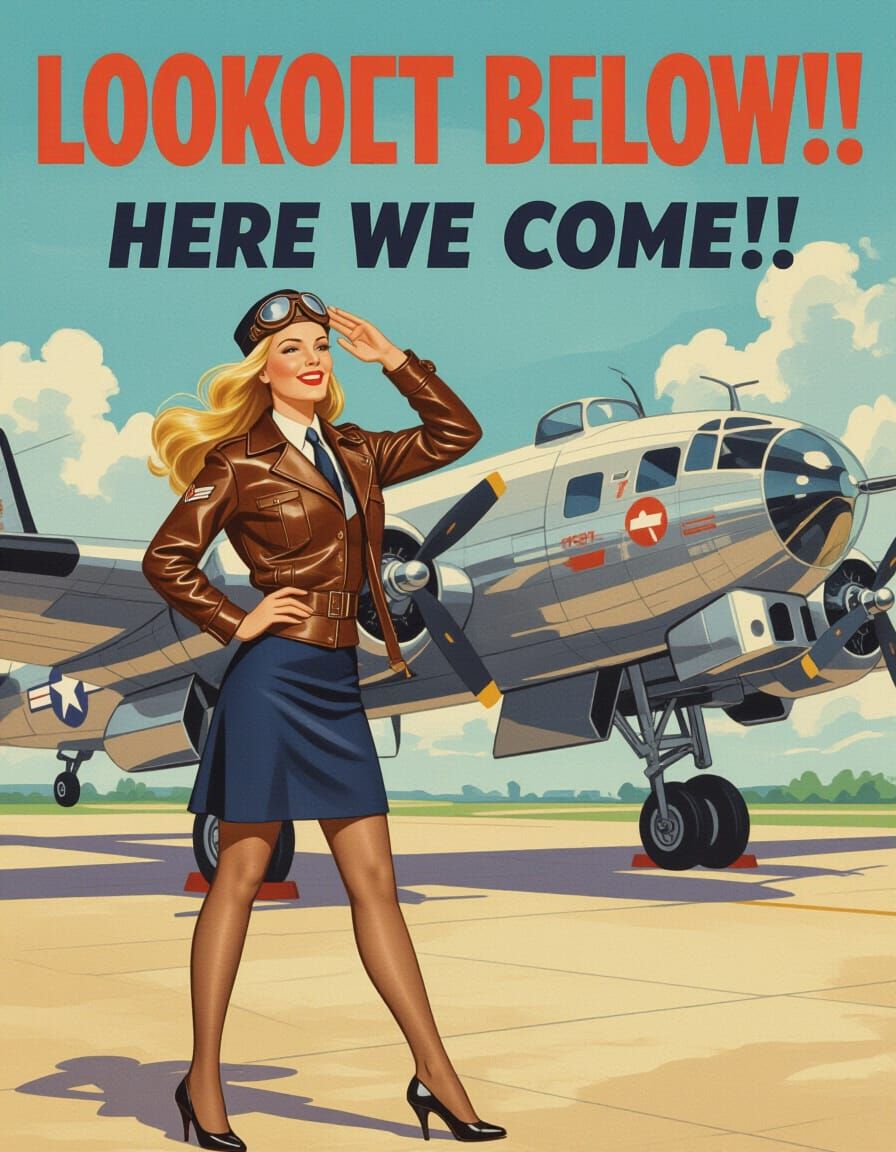 Vintage 1940s Poster of Aviator Woman and Bomber