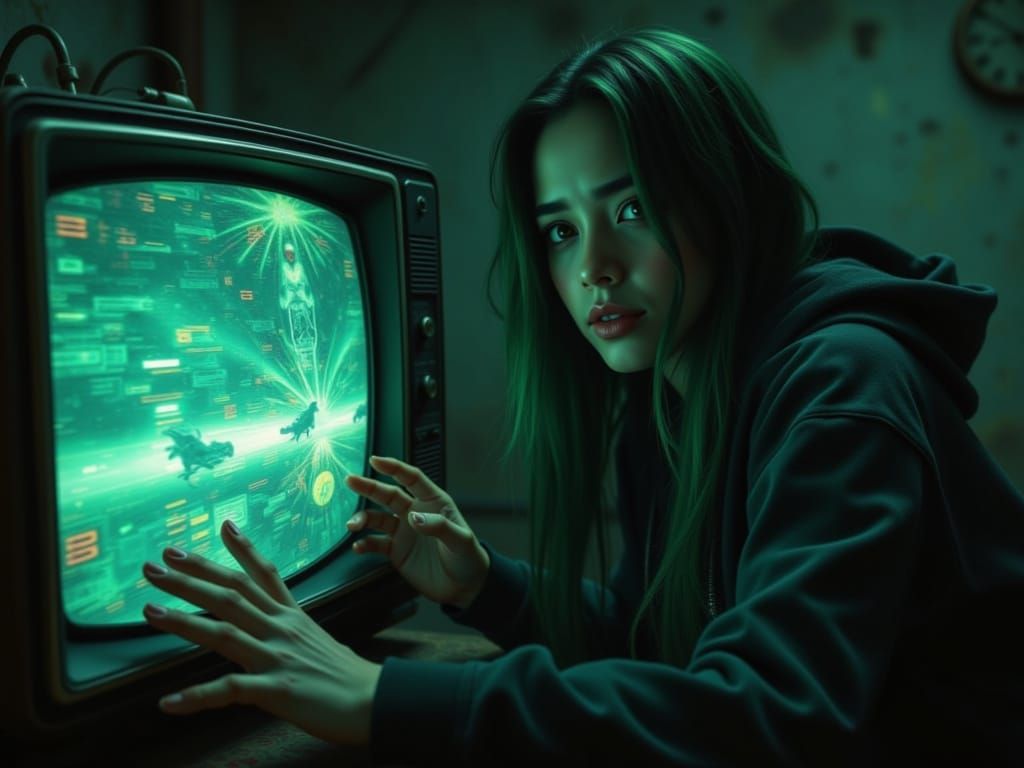 Girl Emerging from Glitchpunk Television Screen