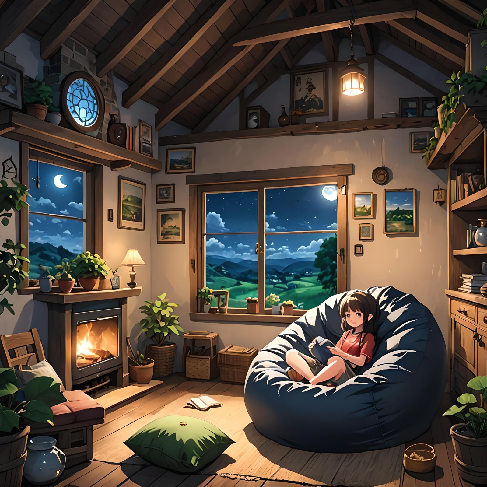 Moonlit Beanbag in Anime Style Cottage