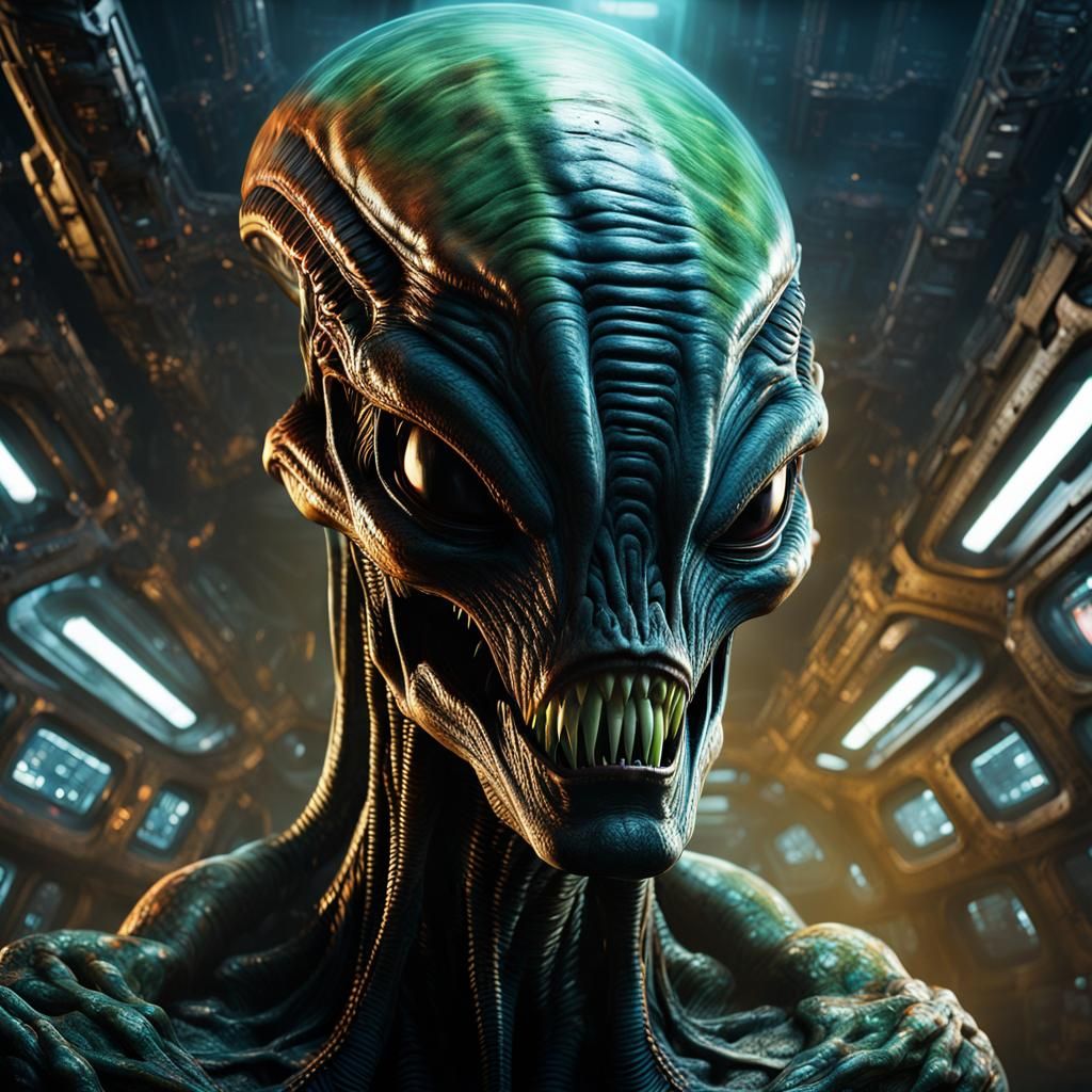 Alien Monster in Spaceship: Hyperrealistic 3D Rendering