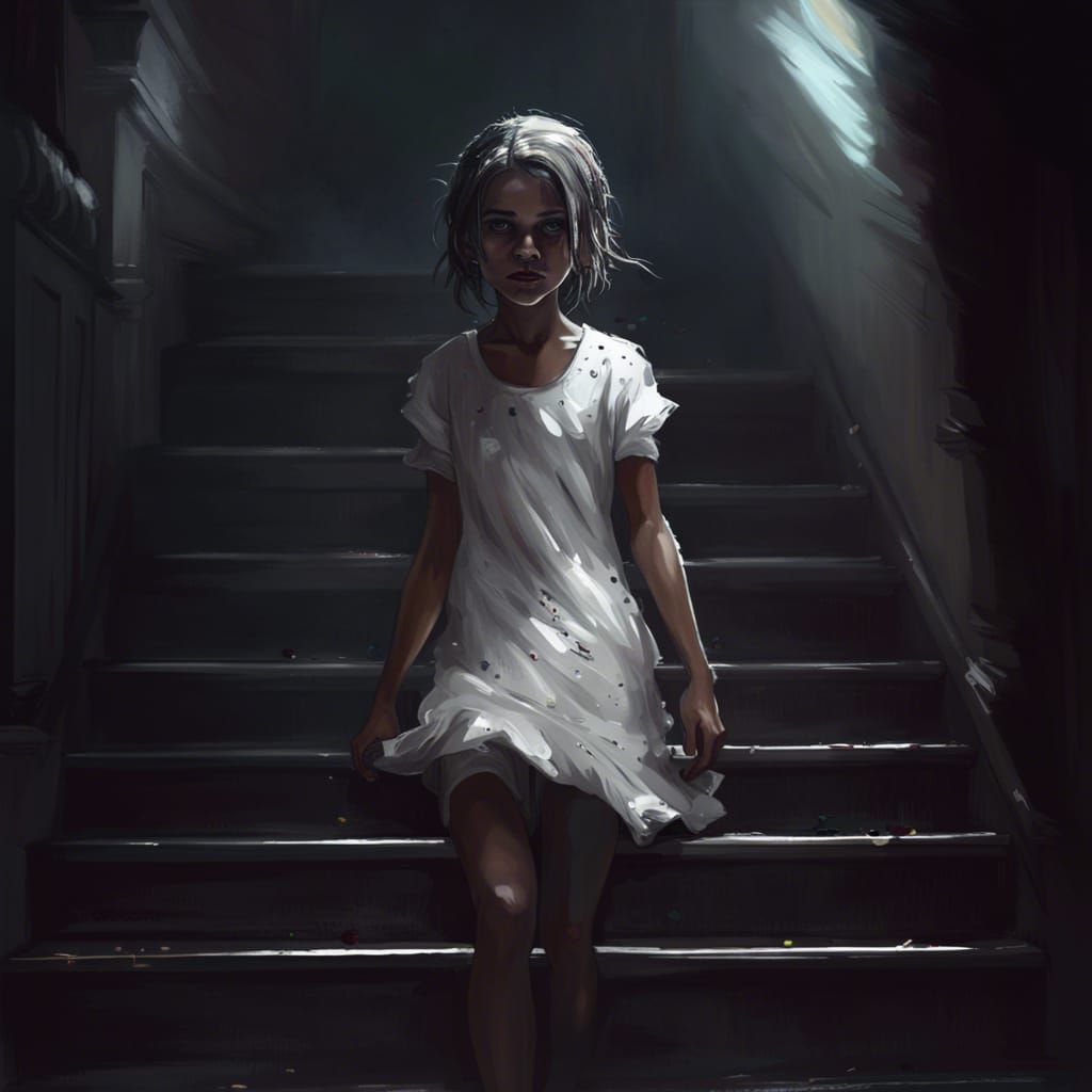 Eerie Girl Descends Stairs in Hyperdetailed Concept Art