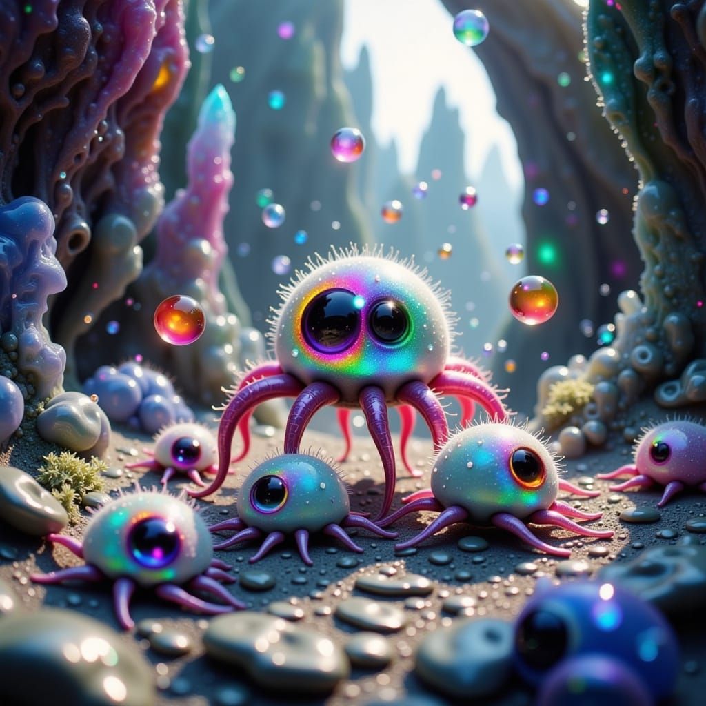 Enchanted Spider-Octopi Dance Among Vibrant Crystals in Whim...