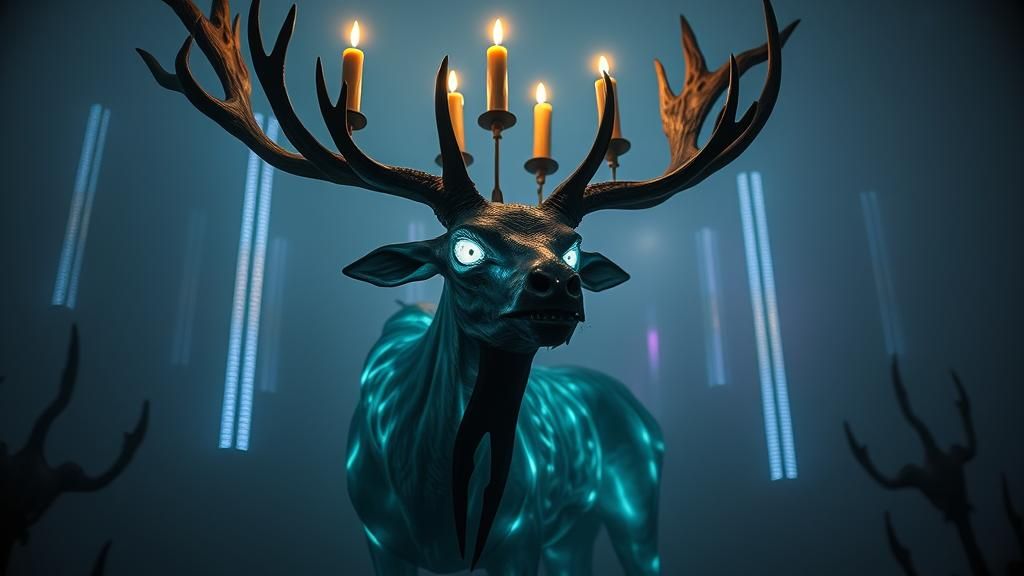Zombie Elk with Fiber Optic Skin in Surreal Setting