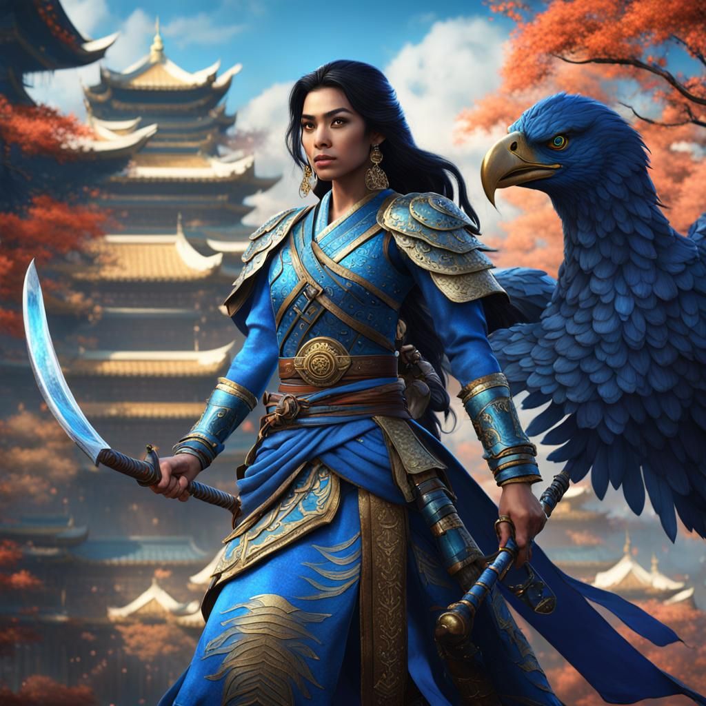 Princess Jasmine as the blue eagle samurai warrior