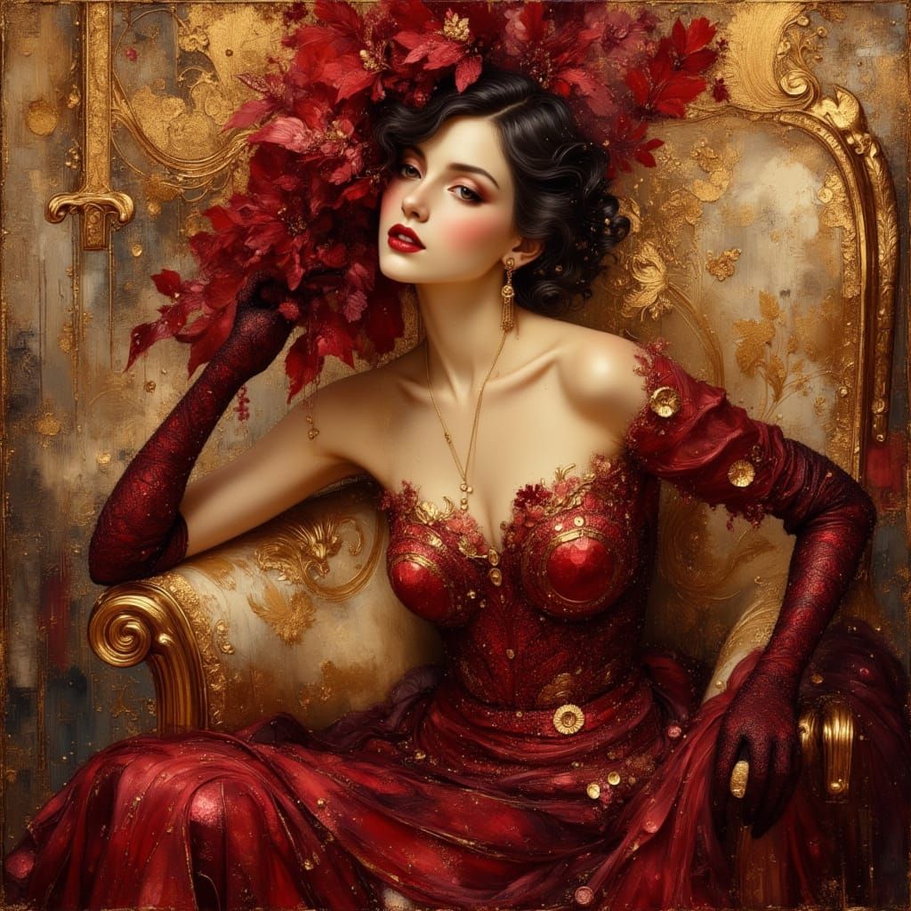 1920s Flapper Portrait in Art Deco Parlour, Oil Painting