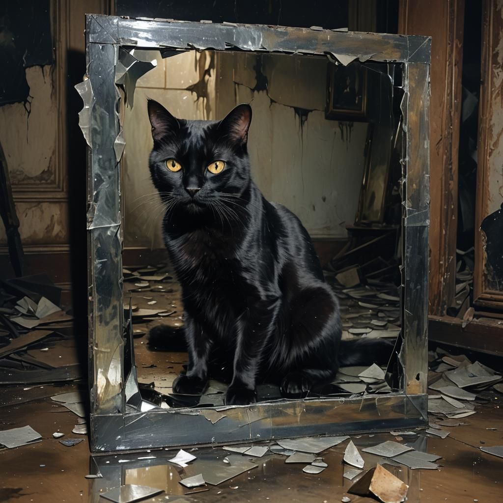 Ominous Black Cat in Abandoned Room: Dark Surrealism