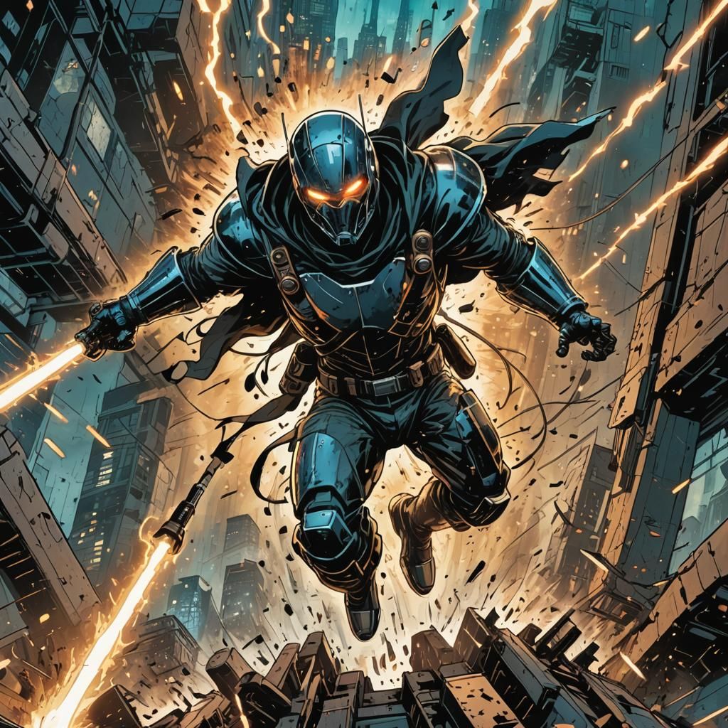 Hooded Hero vs Robot in Comic Book Style