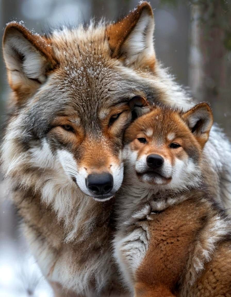 Wild Wolf Mother and Cub in Focused Nature Landscape