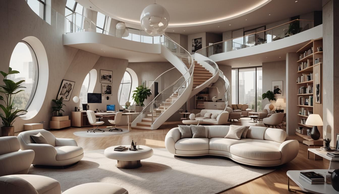 Modern Bedroom with Bifurcated Stairway in Retro-Futurist St...