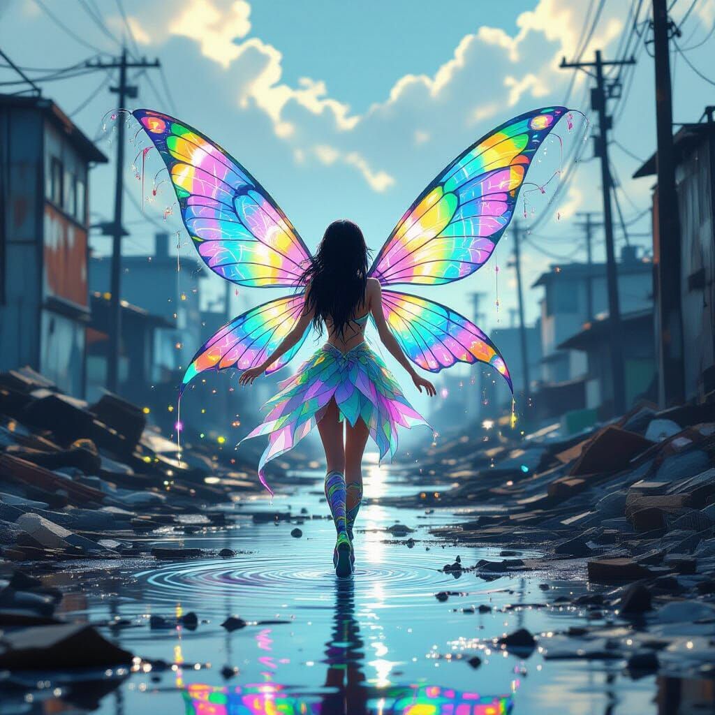 Iridescent Oil Slick Fairy in Industrial Wasteland