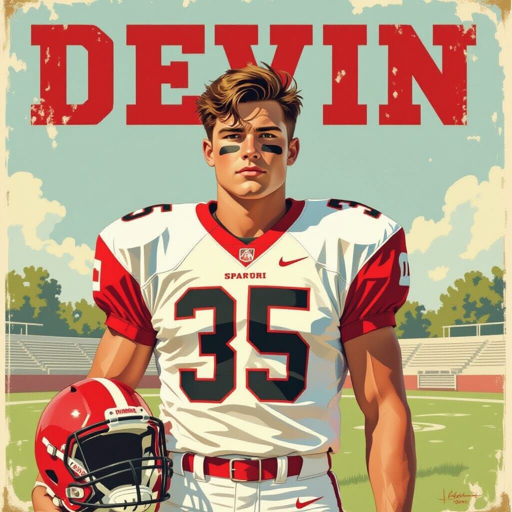 JV Football Player Devin in Nostalgic Style
