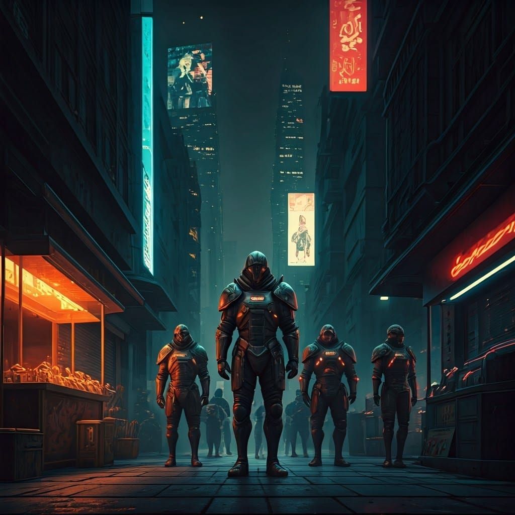 Cyberpunk Knights in Neon-Lit Market Scene