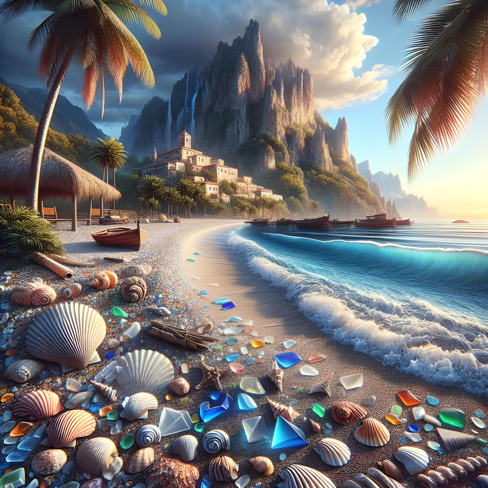 A beautiful beach with waves, palm trees, various shells and...