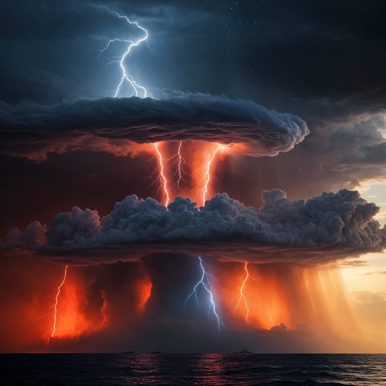 Majestic tornado, a crystalline helix of pure water rising 300 feet high, pulsing with deep cerulean and electric indigo...