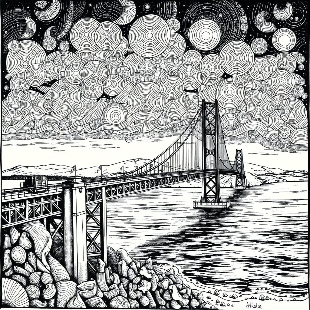 Surreal Woodcut Print of Astoria–Megler Bridge in Abstract V...