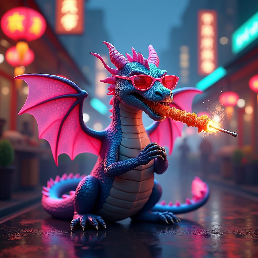 Fluorescent Dragon Enjoys Street Food at Night