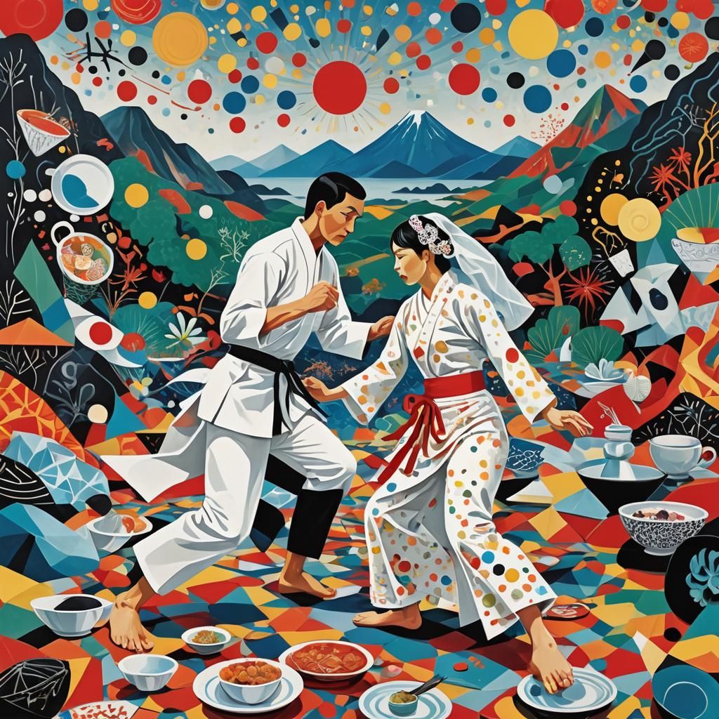 Bride and Groom Karate Battle in Picasso Style