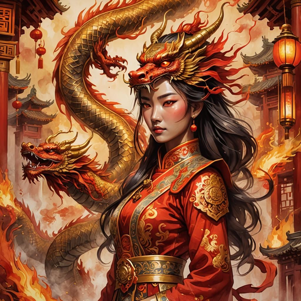 Dragon Girl Portrait in Chinese Watercolor Style