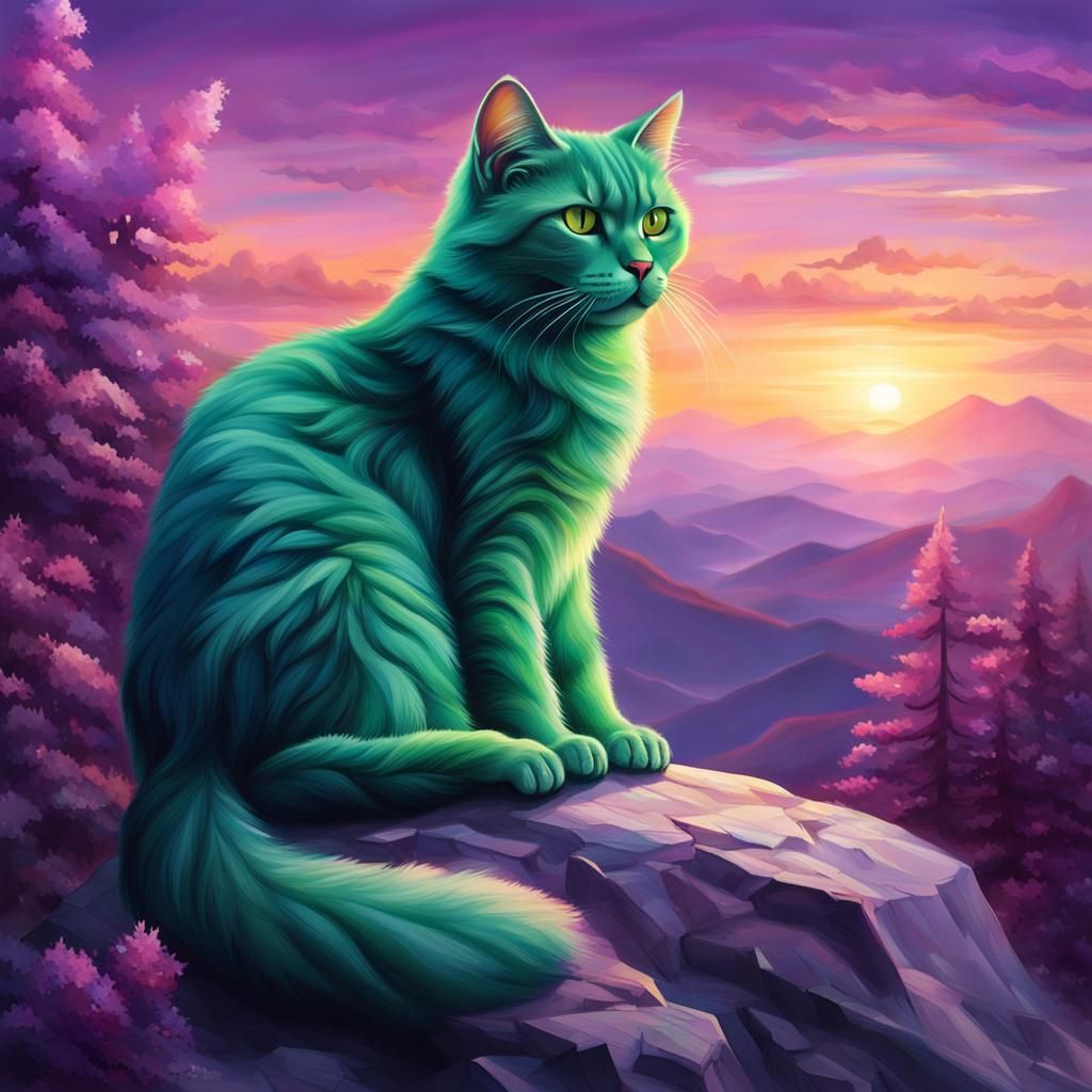 Crystal Cat on Mountain at Sunset: Hyperrealistic Image