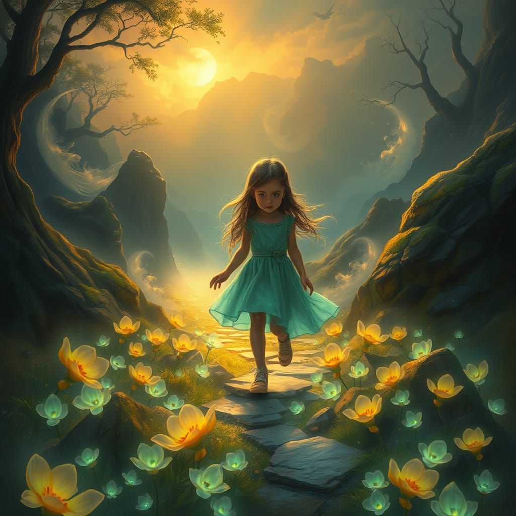 Mysterious Girl on Bioluminescent Path in Ethereal Light