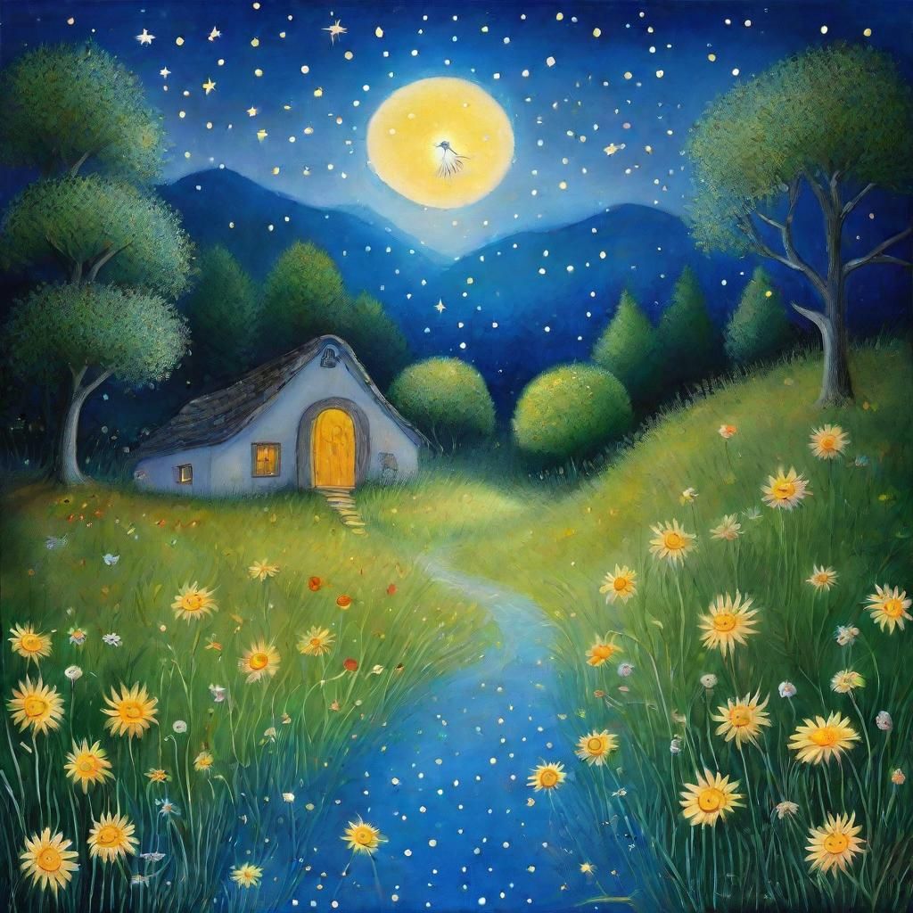 Blue Twilight Hills: A Naive Art Dreamscape